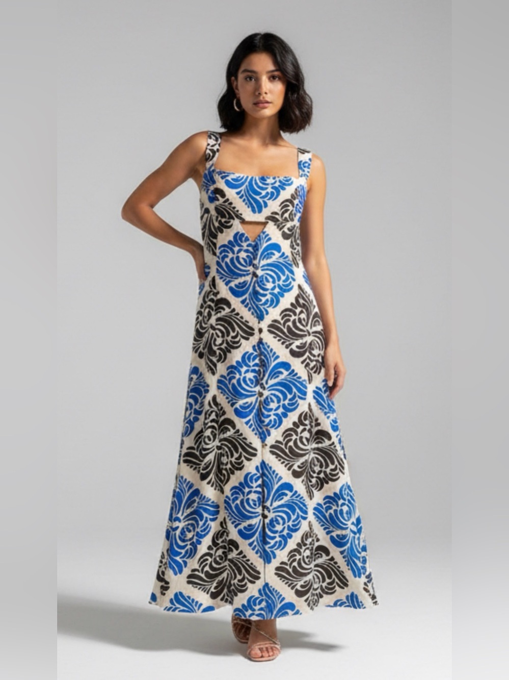 Zara Tile Print Cutout Maxi Dress – Blue/Black/Cream – Size L
